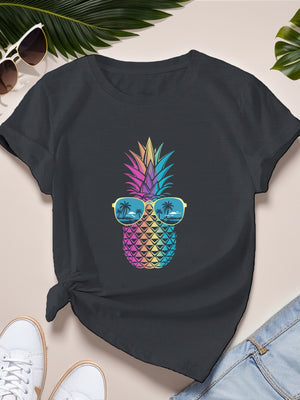 Vintage Shirts Women Colorful Tropical Pineapple Wearing Reflective Sunglasses Tshirt, Cute Graphic Tees For Women, Blue Shirt Women