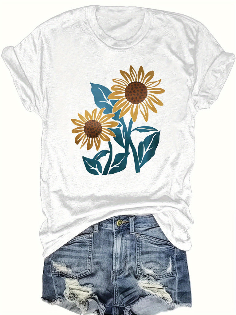Shirt For Women Sunflower Illustration With Vibrant Yellow Petals And Dark Green Leaves Flower, Graphic Shirts For Women, Womens Shirts