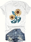 Shirt For Women Sunflower Illustration With Vibrant Yellow Petals And Dark Green Leaves Flower, Graphic Shirts For Women, Womens Shirts