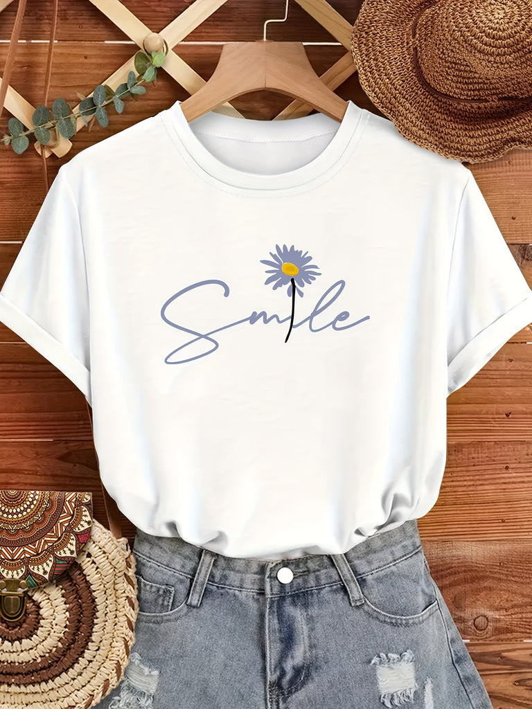Women Tshirts Smile Cheerful Daisy Flower Pattern On White T Shirt, Womens Grinch Shirt, Women's Short Sleeve T Shirts