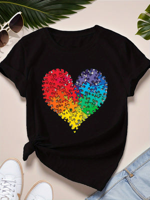 Country Shirts Womens Colorful Gradient Puzzle Pieces Forming Heart Shape, Womens Graphic Tees Vintage, Basic Tees Women