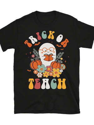 Vintage T Shirts Women Trick Or Treat Cute Ghost With Pumpkins And Autumn Flowers Tshirt, Pink Shirt Womens, Vintage Shirts Women
