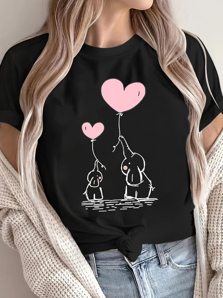 Womens T Shirts Two Adorable Elephants Holding Pink Heart Balloons, Shirt For Women, Womens Tees