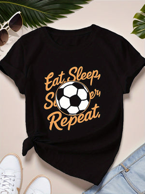 Black T Shirt Women Eat Sleep Soccer Repeat Classic Sporty Ball With Bold Text Shirt, Vintage T Shirts Women, Pink Shirt Womens
