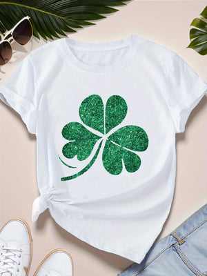Vintage Shirts Women Green Glittering Shamrock Design On White Cotton Tshirt, Funny T Shirts For Women, Womens Night Shirts