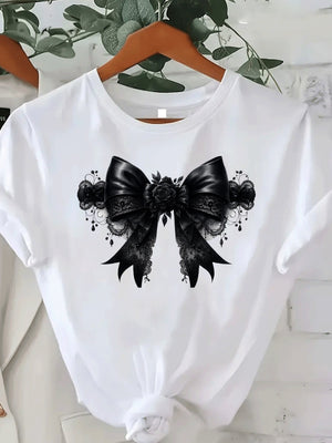 Basic Tees Women Elegant Black Bow With Lace Patterns And Dangling Beads Bow, Green Shirt Womens, Grey T Shirt Womens