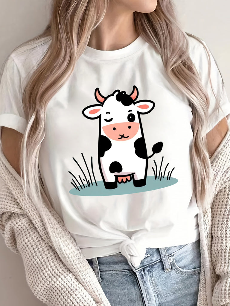 Womens Graphic T Shirts Cute Cartoon Cow Standing Calm Among Green Grass, Cotton T Shirts For Women, Womens White Tee