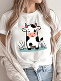 Womens Graphic T Shirts Cute Cartoon Cow Standing Calm Among Green Grass, Cotton T Shirts For Women, Womens White Tee