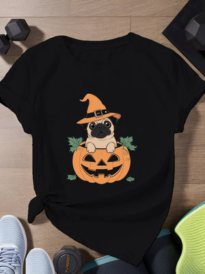 Red T Shirt Women Pug Wearing Witch Hat Sitting Inside Pumpkin, Grey T Shirt Womens, Womens Night Shirts