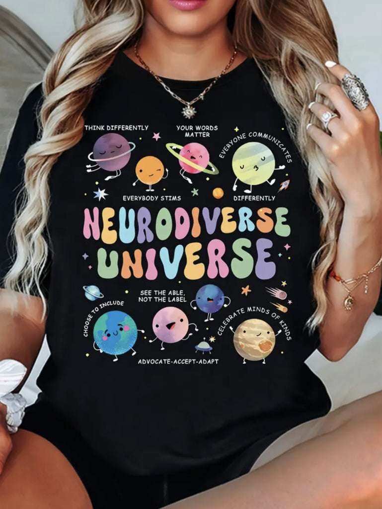 Women Tshirts Neurodiverse Universe Colorful Cartoon Planets With Playful Stars And Friendly Celestial Bodies T Shirt, Womens T Shirts, Womens Tees