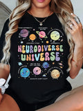 Women Tshirts Neurodiverse Universe Colorful Cartoon Planets With Playful Stars And Friendly Celestial Bodies T Shirt, Womens T Shirts, Womens Tees
