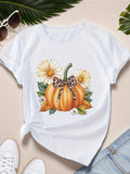 Women's Short Sleeve T Shirts Elegant Leopard Print Ribbon With Autumn Leaves And Blossoming Flowers Pumpkin, Cotton T Shirts For Women, Women Tshirts