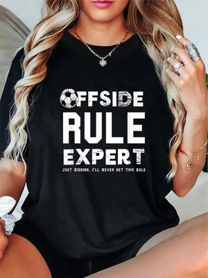 Basic Tees Women Offside Rule Expert Bold White Text With Soccer Ball Emblem Tshirt, Womens White Tee, Graphic Shirts For Women