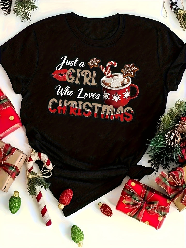 Womens Graphic T Shirts Just A Girl Who Loves Christmas Festive Cozy Hot Chocolate Mug, Vintage T Shirts Women, Womens Night Shirts