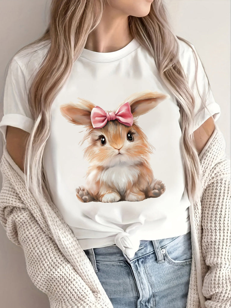 Womens Graphic T Shirts Soft Fluffy Rabbit With Pink Bow Sitting Cute, Graphic Tshirts Women, White Cotton Shirt Women
