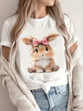Womens Graphic T Shirts Soft Fluffy Rabbit With Pink Bow Sitting Cute, Graphic Tshirts Women, White Cotton Shirt Women