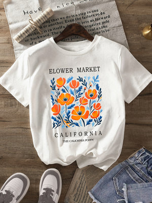White Cotton Shirt Women Flower Market California Bright Colorful Blooming Orange Flowers With Green Leaves Poppy, Country Shirts Womens, Funny T Shirts For Women