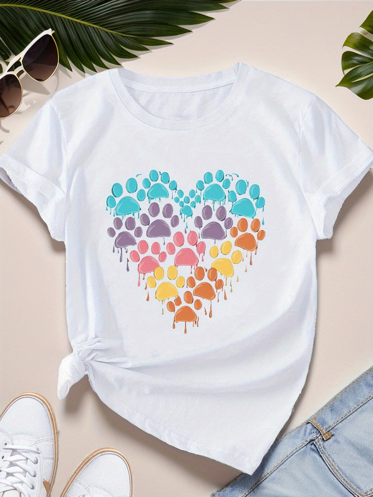 Womens Night Shirts Colorful Paw Prints Forming Vibrant Heart Shape Tshirt, Black T Shirt Women, Grey T Shirt Womens