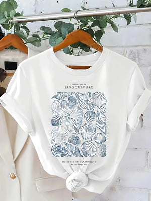 Women T Shirt Linogravure Delicate Detailed Artistic Multiple Seashells, Graphic Tees Women, Green Shirt Womens