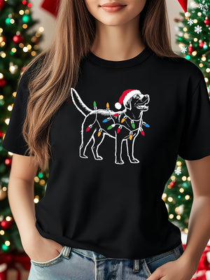 Womens Shirts Festive Black Dog Wearing Christmas Lights And Santa Hat, Graphic Tshirts Women, 100 Cotton T Shirts For Women