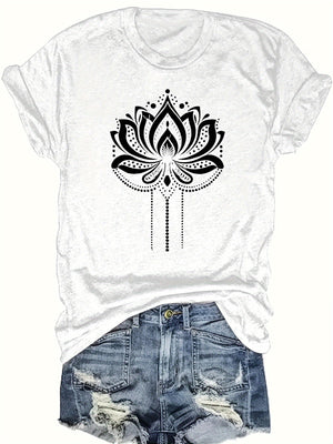 Black T Shirt Women Intricate Mandala Inspired Black Pattern With Dotted Lines Lotus, Vintage Shirts Women, Womens Graphic Tshirts