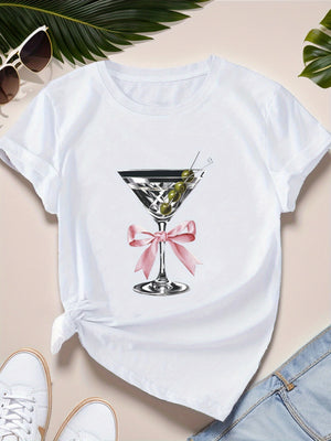 Cotton T Shirts For Women Elegant Glass With Pink Ribbon And Olive Garnish Tshirt, Graphic Shirts For Women, Graphic Tshirts Women