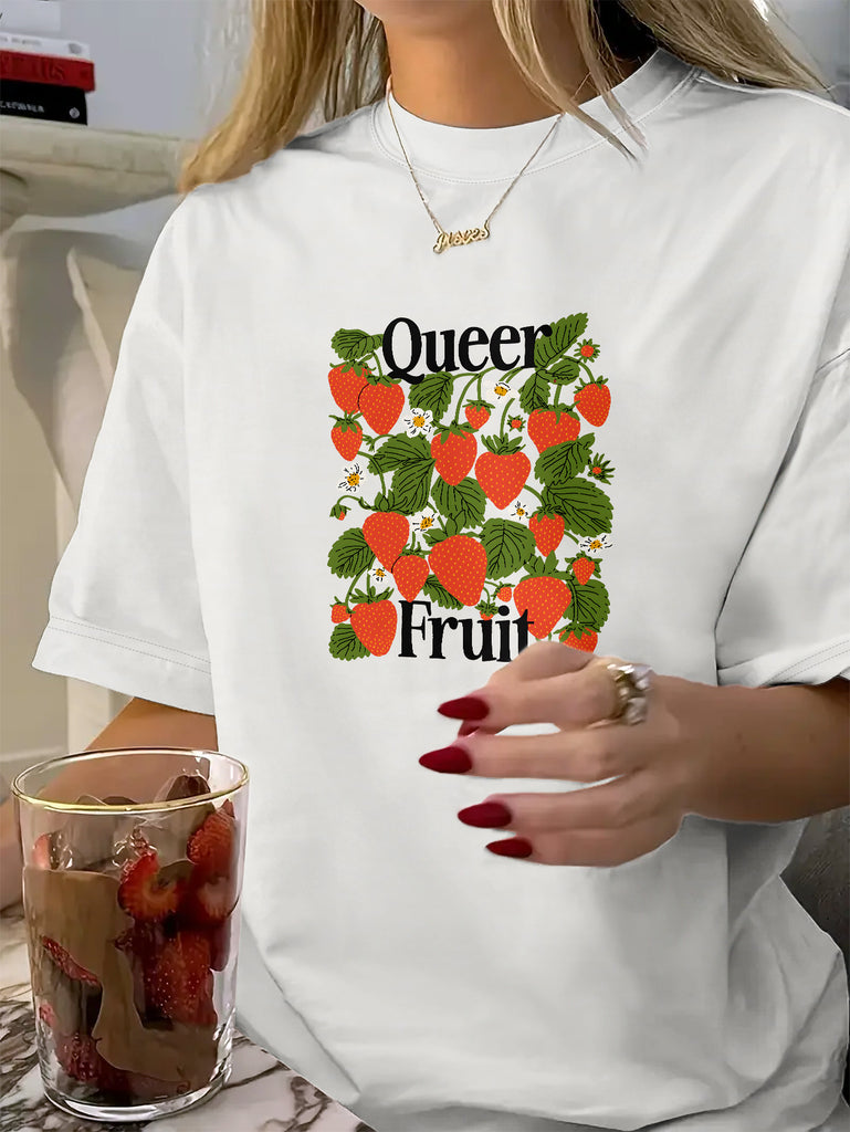 Women's Short Sleeve T Shirts Queer Fruit Vibrant Red Ripe Strawberries With Green Leaves On White T Shirt, Funny Shirts For Women, Black T Shirt Women