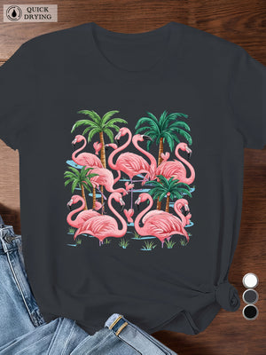 Vintage T Shirts Women Group Of Flamingos Standing Among Tropical Palm Trees Shirt, Cute Graphic Tees For Women, White Cotton Shirt Women