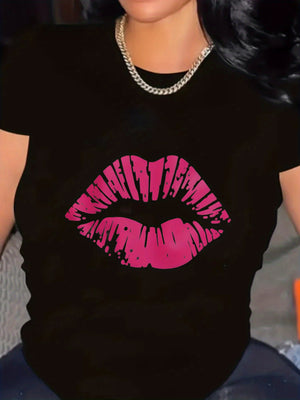Womens Graphic Tshirts Pink Distressed Texture Lips On Classic Black Tshirt, Basic Tees Women, Red T Shirt Women
