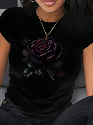 Vintage Shirts Women Dark Elegant Blooming Rose With Glossy Leaves And Velvet Petals Flower, Women's Short Sleeve T Shirts, Cotton T Shirts For Women