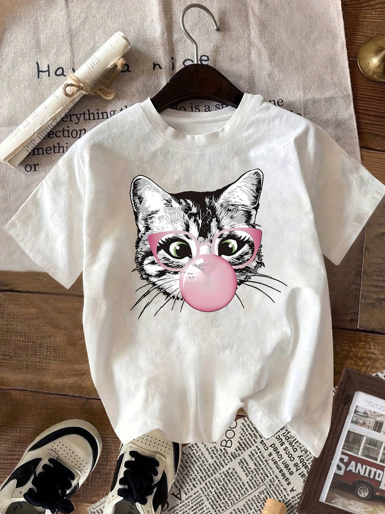 Vintage Shirts Women Playful Cat Wearing Pink Bubblegum On White T Shirt, Graphic Tshirts Women, Womens Graphic Tees Vintage