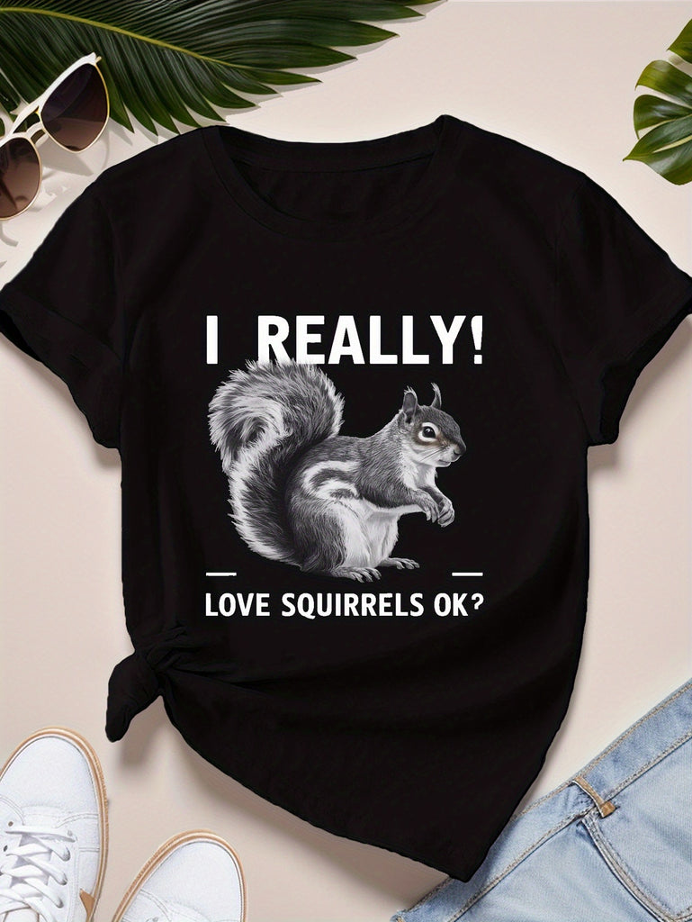 Shirt For Women I Really Love Squirrels Playful Furry Gray Squirrel With Bushy Tail Black Tshirt, Funny T Shirts For Women, Cotton Shirts For Women