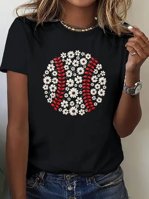 Country Shirts Womens Baseball Pattern With White And Red Daisy Flowers On Black Tshirt, Womens Tees, 100 Cotton T Shirts For Women