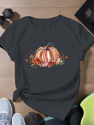 Women Tshirts Rustic Autumn Harvest Pumpkin With Colorful Leaves And Blossoms T Shirt, Funny Shirts For Women, Cotton T Shirts For Women