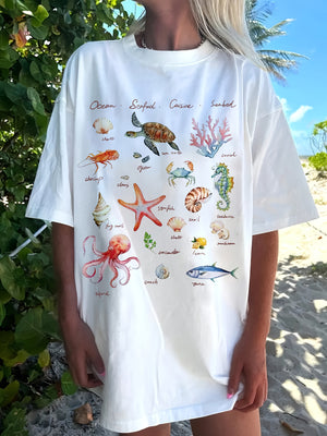 Shirt For Women Various Colorful Sea Creatures Around Marine Life Starfish, Womens Night Shirts, Pink Shirt Womens