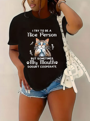 100 Cotton T Shirts For Women Try To Be A Nice Person Featuring Cute Cat With Playful Expression Tshirt, Womens Graphic Tshirts, Womens White Tee