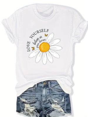 White Cotton Shirt Women Love Yourself Motivational Quote With Bright Cheerful Daisy Flower, Cotton Shirts For Women, Blue Shirt Women
