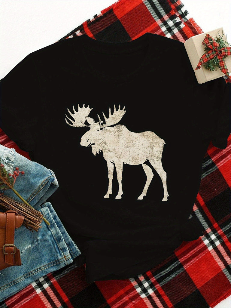 Red T Shirt Women White Vintage Style Detailed Moose Silhouette On Black Tshirt, Graphic Tshirts Women, Graphic Tees Women