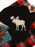 Red T Shirt Women White Vintage Style Detailed Moose Silhouette On Black Tshirt, Graphic Tshirts Women, Graphic Tees Women