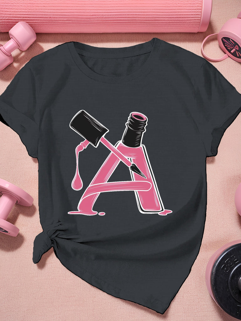 Womens Tees Pink Glossy Nail Polish Bottle Pouring Over Letter A Shirt, Pink Shirt Womens, Graphic Tees Women