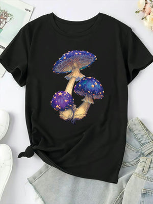 Cotton Shirts For Women Vibrant Purple Blue Glowing Mushrooms On Black Cotton T Shirt, Womens Night Shirts, Vintage Shirts Women