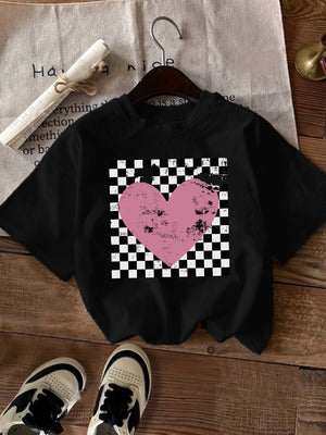 Womens Graphic Tees Vintage Pink Heart With Handwritten Text Over Black And White Checkerboard Pattern Heart, Womens Graphic T Shirts, Green Shirt Womens