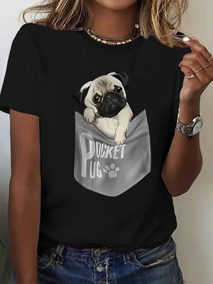 100 Cotton T Shirts For Women Cute Puppy Sitting Inside Gray Pocket Soft Cotton Black T Shirt, Graphic Tshirts Women, Womens Tees