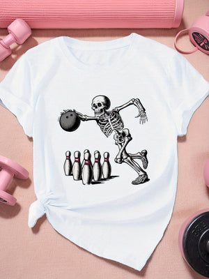 Cotton T Shirts For Women Skeleton Bowling Ball Rolling Pins Down White Cotton Tshirt, Vintage T Shirts Women, Green Shirt Womens
