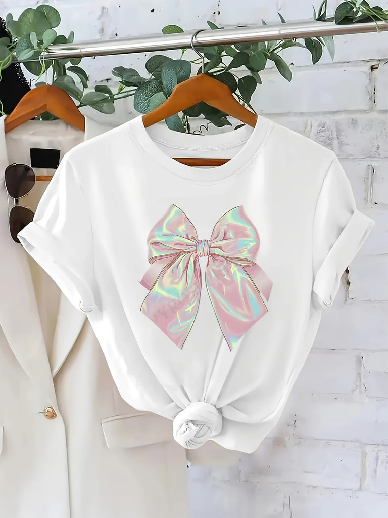 Women T Shirt Shiny Iridescent Large Bow On Classic White T Shirt, Womens Shirts, Grey T Shirt Womens