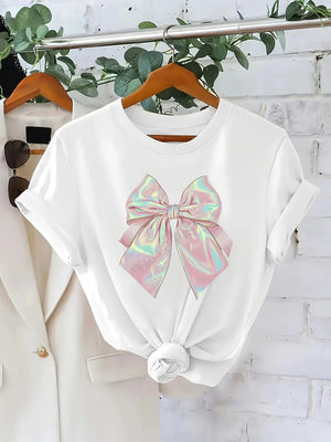 Women T Shirt Shiny Iridescent Large Bow On Classic White T Shirt, Womens Shirts, Grey T Shirt Womens