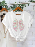 Women T Shirt Shiny Iridescent Large Bow On Classic White T Shirt, Womens Shirts, Grey T Shirt Womens