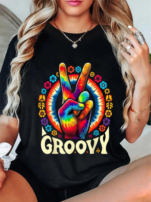 Pink Shirt Womens Groovy Colorful Vibrant Hand Peace Sign With Floral Circle T Shirt, Blue Shirt Women, Cotton T Shirts For Women