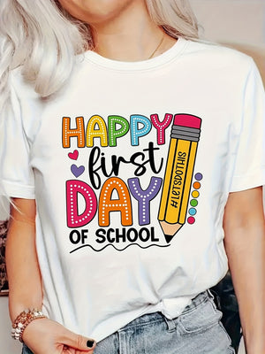 Vintage Shirts Women Happy First Day Of School Cheerful Colorful Pencil, Womens White Tee, Vintage T Shirts Women
