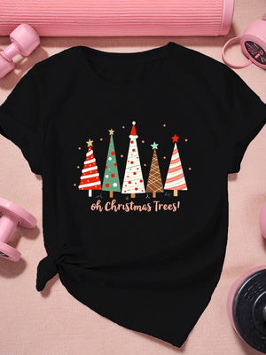 Cotton T Shirts For Women Oh Christmas Trees Colorful Striped Star Topped Festive Holiday Trees, Womens Grinch Shirt, Womens Graphic T Shirts
